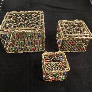 Set of Three Gold Tone Open Wire Beaded Christmas Nesting Boxes